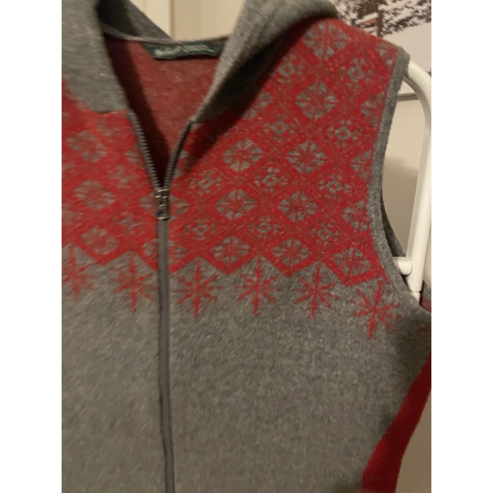 Woolrich Fair Isle Hooded Sweater Vest Womens MED Heather Gray Red Lambswool - Picture 8 of 9